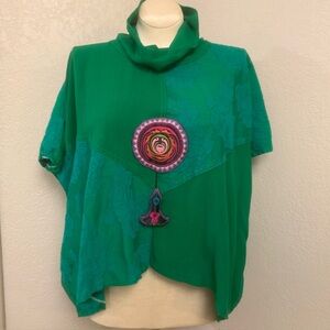 Ladies Green Cowl Neck Poncho Short Sleeve Top with Embroidered Medallion Detail